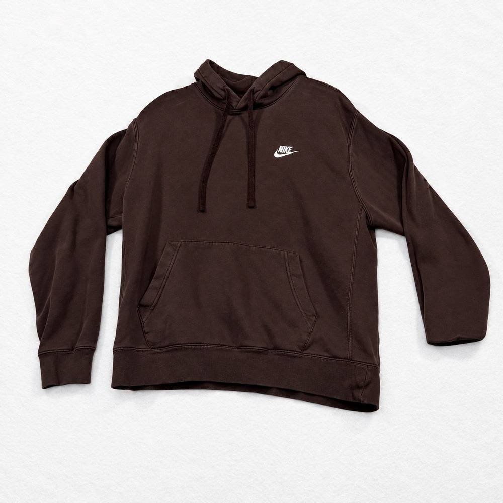 Nike Sportswear Club Fleece Brown Pullover Hoodie Embroidered Logo Mens M
